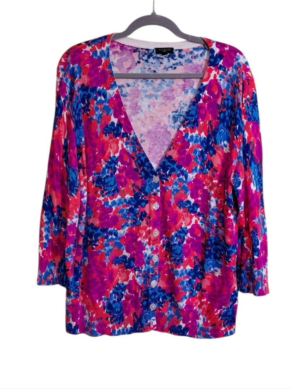 Talbots Floral Button-Front V-Neck Top - Pink & Blue
